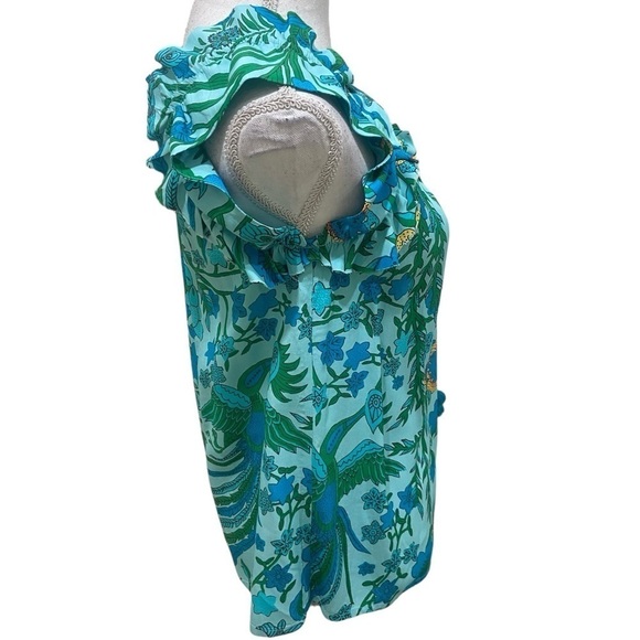 Figue Gianna drawstring ruffle top blouse self tie tassel floral turquoise sz xs - Picture 7 of 14